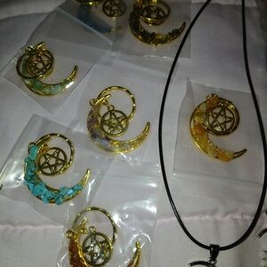 Gold Crescent Moon Pentagram Pendant Keychains- Multicolor Stone Options
